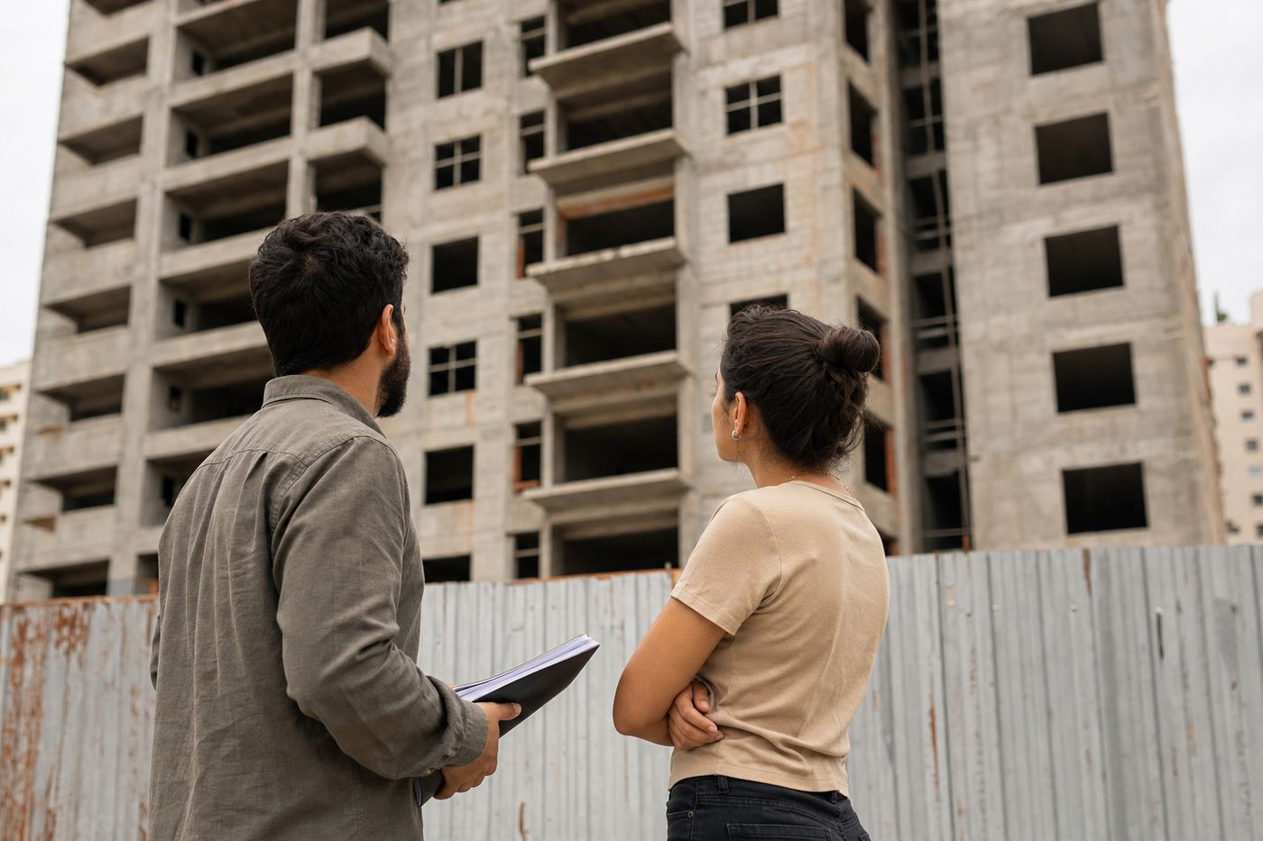 Casal diante de um prédio inacabado, atrás do tapume da obra